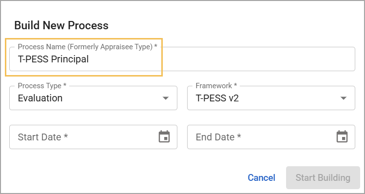 Modal to build a new evaluation process with fields for name, type, and dates.
